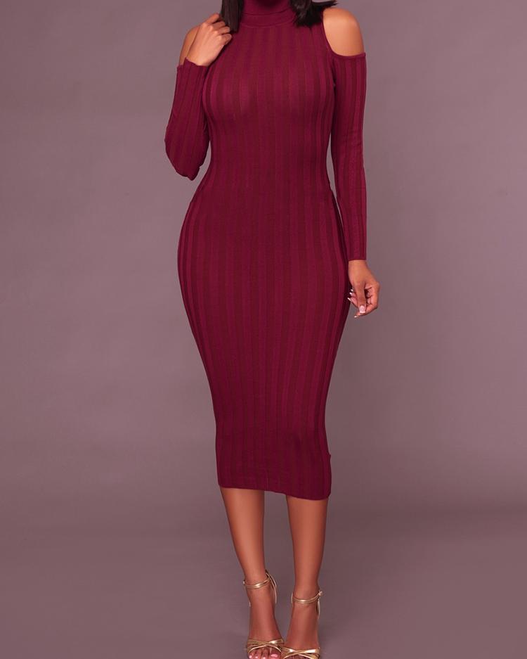 

Ribbed High Neck Open Shoulder Bodycon Dress, Red