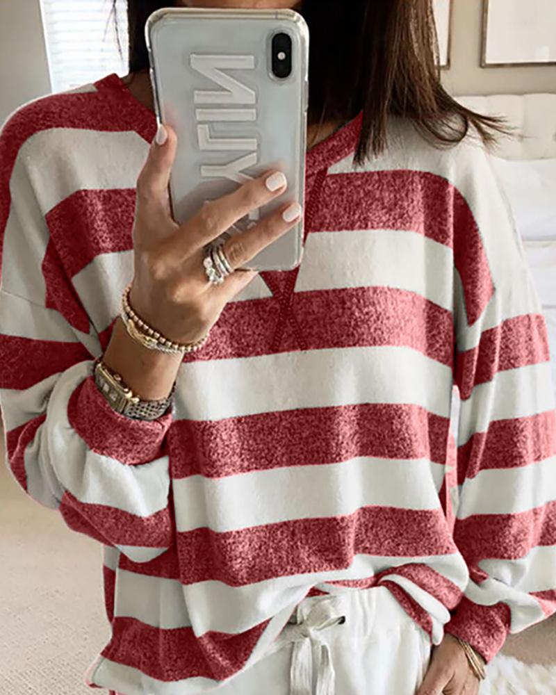 

Round Neck Striped Casual Long Sleeve T-shirt, Red