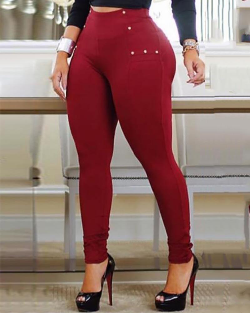 

Rivet Design High Waist Slinky Pants, Red