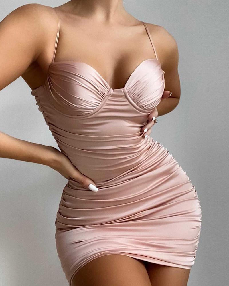

Plain Spaghetti Strap Ruched Bodycon Dress, Pink