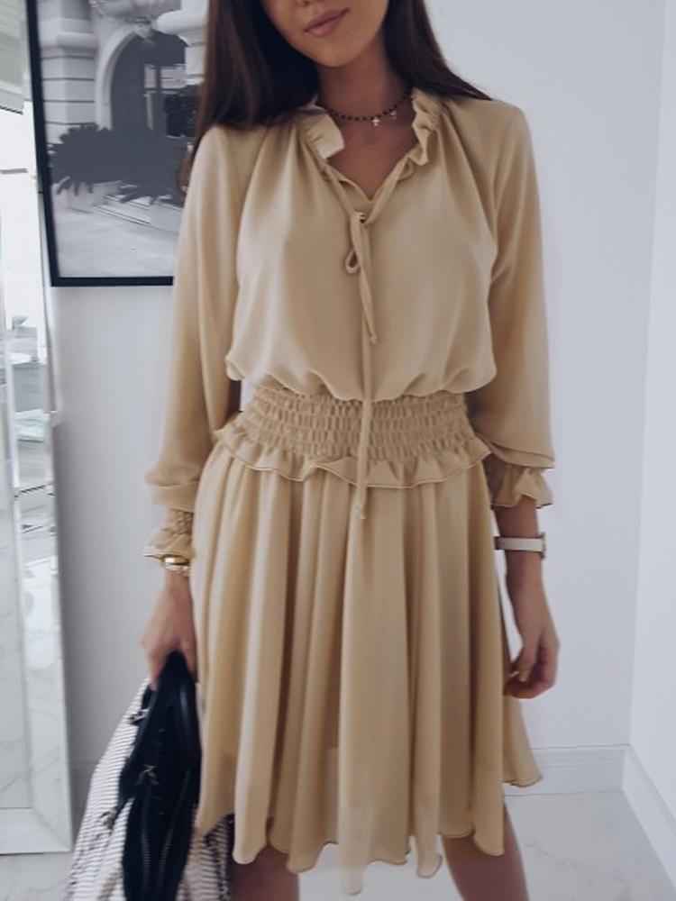 

Solid Shirring Frills Trim Pleated Dress, Khaki