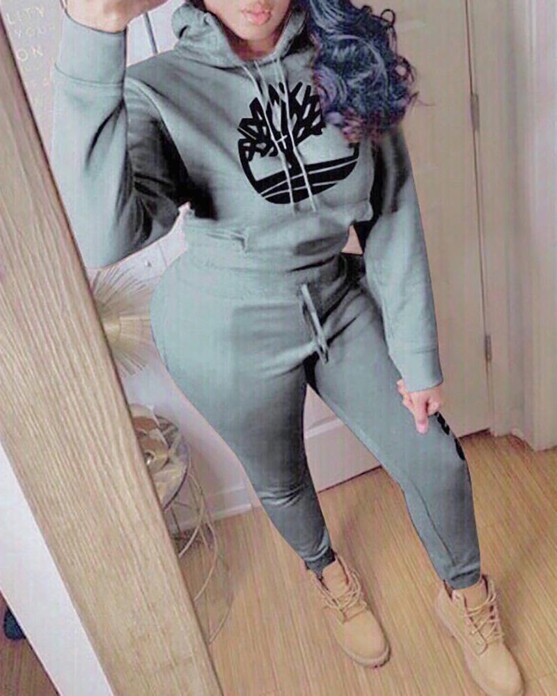 

Print Drawstring Design Hooded Top & Pant Sets, Gray