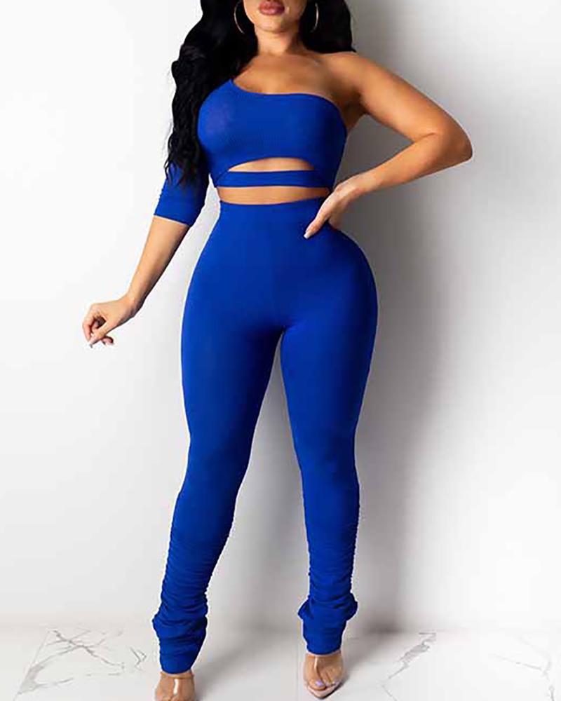 

One Shoulder Cut Out Top & Pants Set, Dark blue