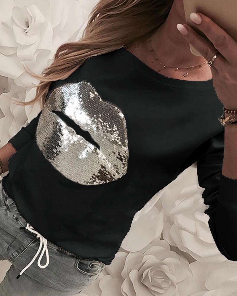 

Sequins Lips Design Casual Sweatshirt, Black