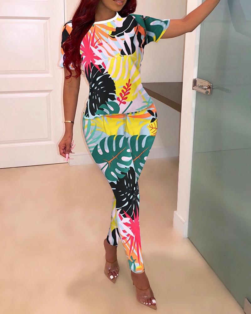

Botanical Print Short Sleeve Top With Pant Sets, Multicolor
