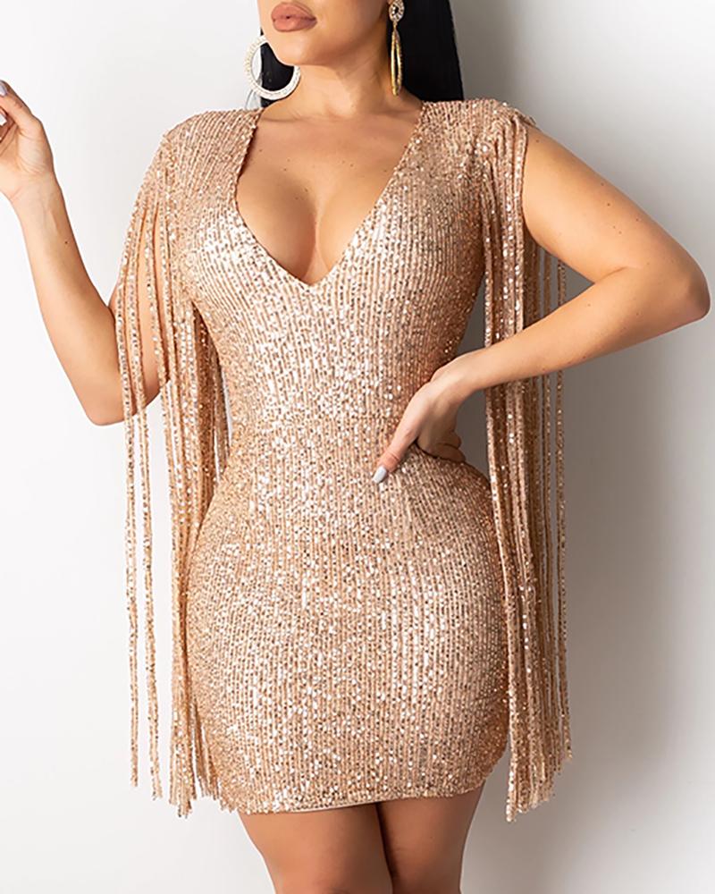 

Tassel Design Plunge Bodycon Sequin Dress, Rose gold