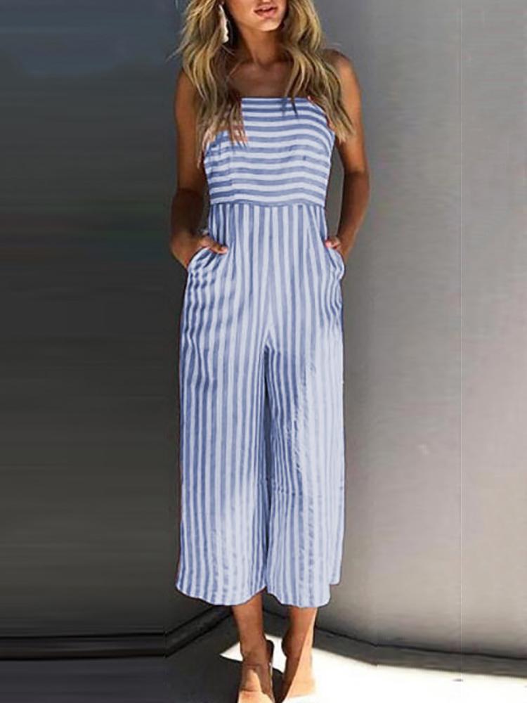 

Striped Knot Back Pocket Wide Leg Jumpsuit, Blue