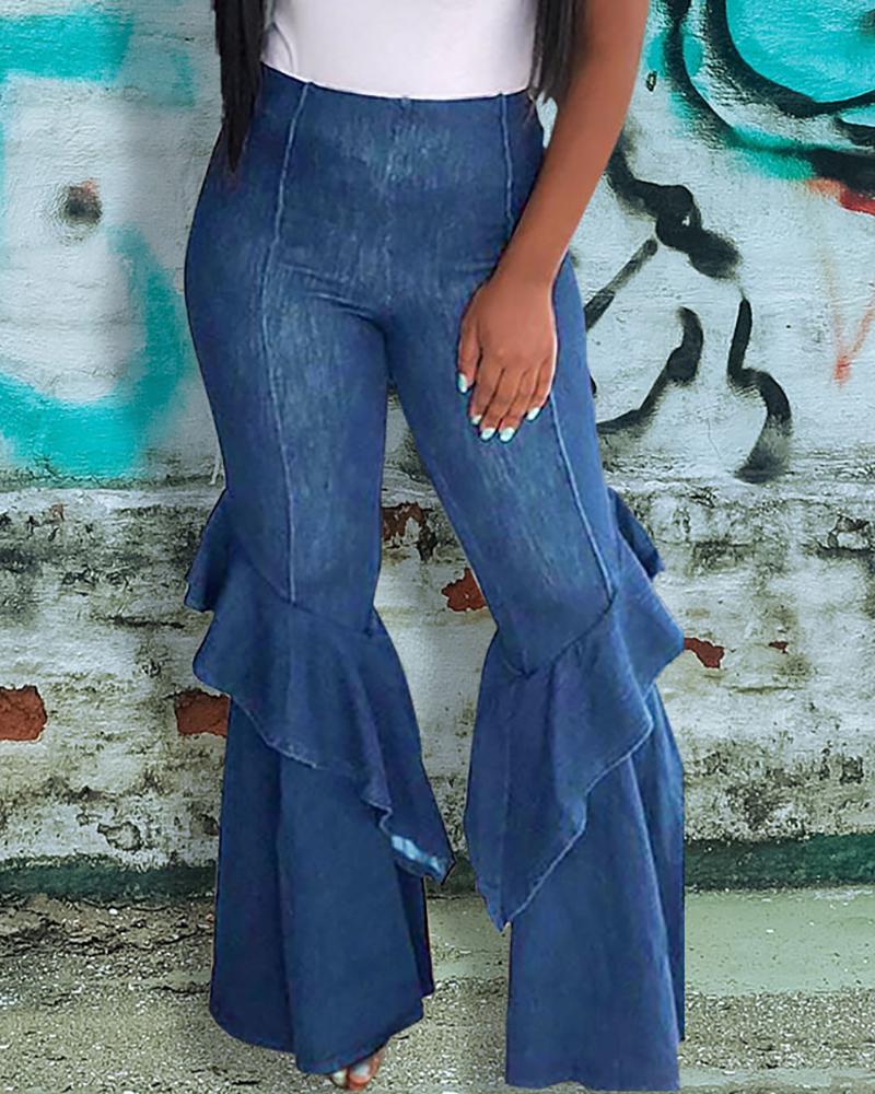 

Solid High Waist Bell-bottomed Ruffles Denim Pants, Blue