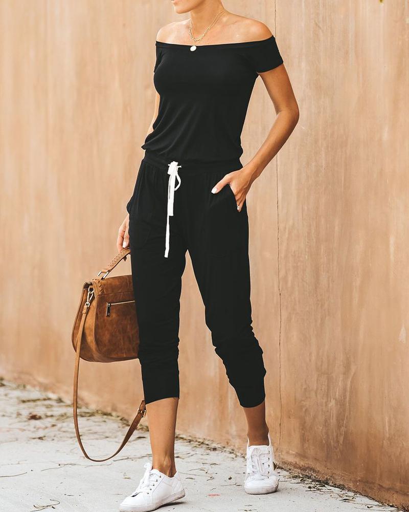 

Off Shoulder Tie Waist Jumpsuit, Black