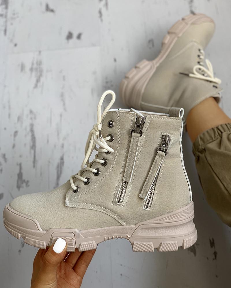 

PU Eyelet Lace-Up Zipper Design Boots, Beige