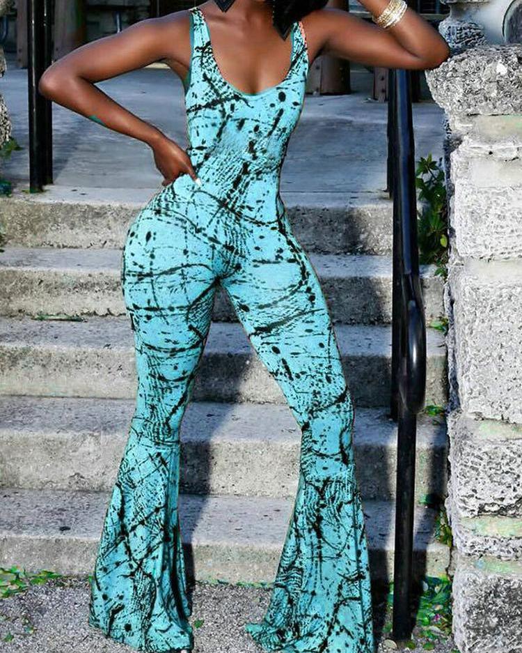 

Graffiti Print Slinky Flared Jumpsuit, Blue