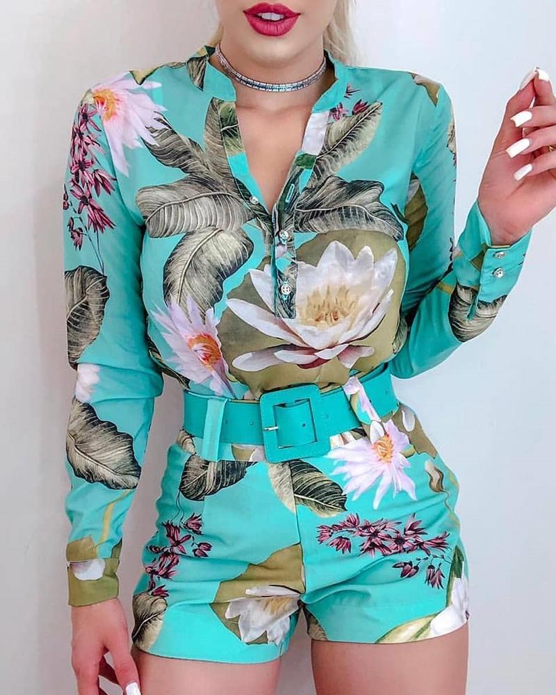 

Tropical Print Long Sleeve Shirt & Shorts Set, Green