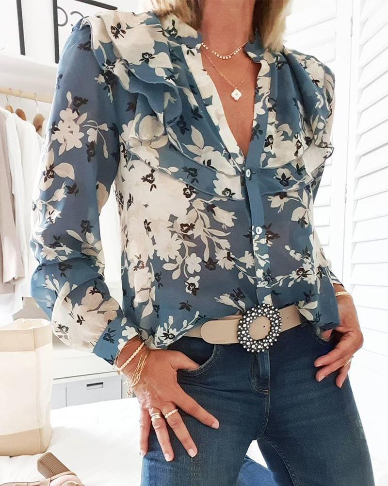 

Floral Print Layered Ruffle Blouse, Blue