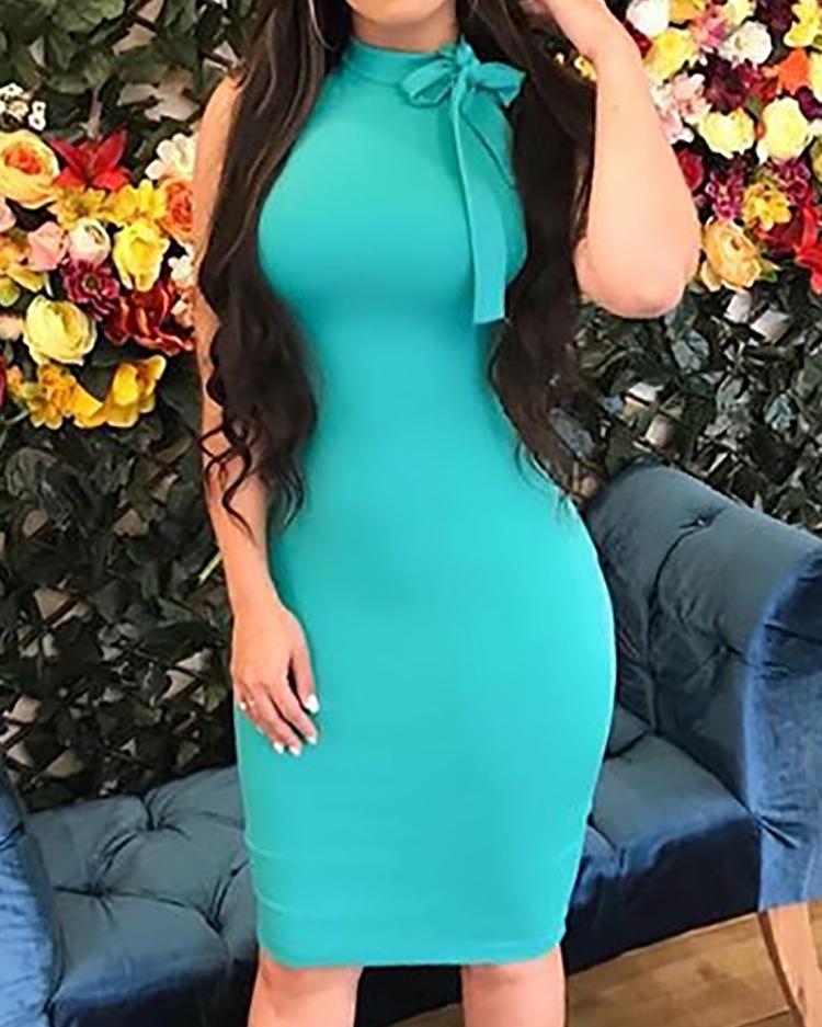 

Solid Tied Neck Sleeveless Bodycon Dress