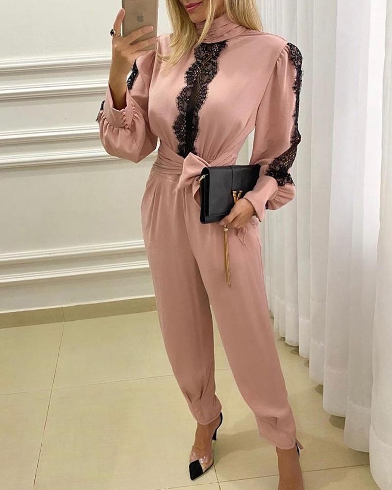 

Stitching Lace Lace-up Long Sleeve Jumpsuit, Pink