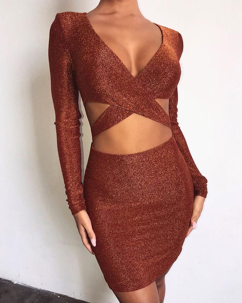 

Glitter V Neck Crisscross Cut Out Waist Bodycon Dress, Dark brown