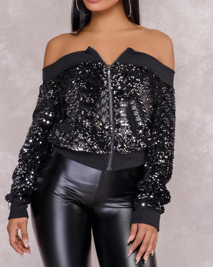 

Off Shoulder Binding Zipper Up Sequin Jacket