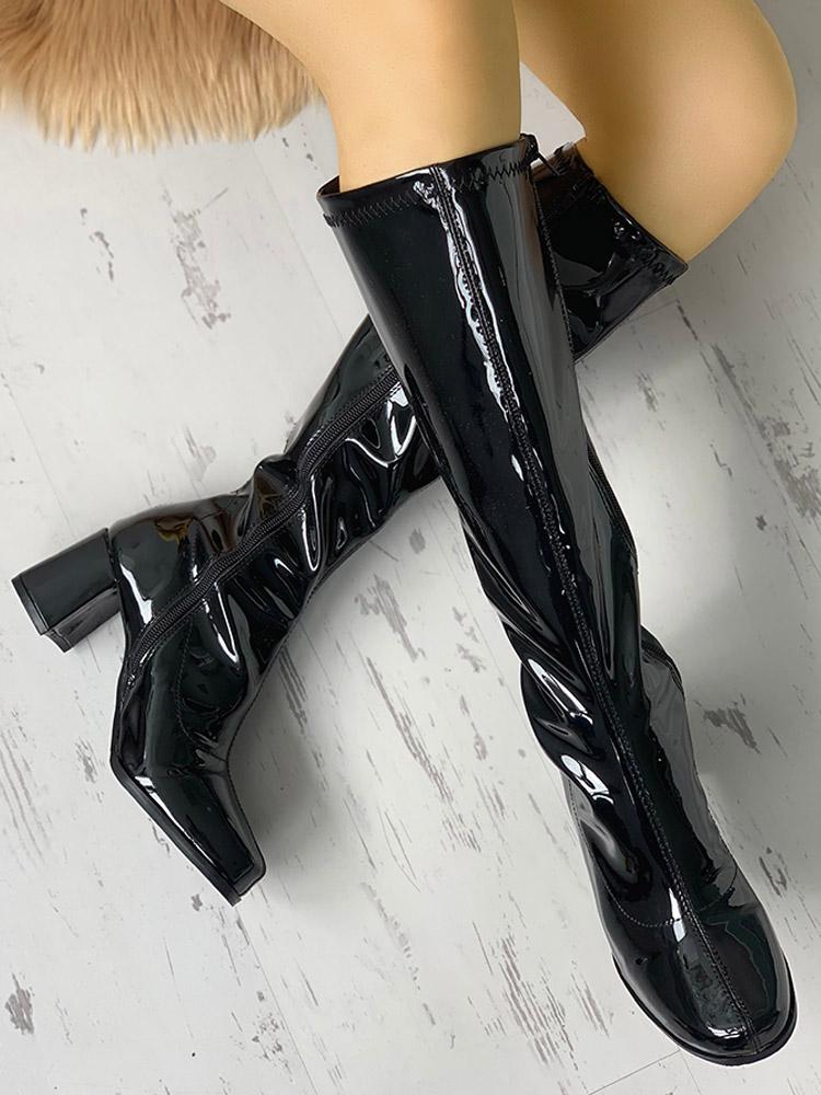 

Zipper Up Side Chunky Heeled Long Boots, Black
