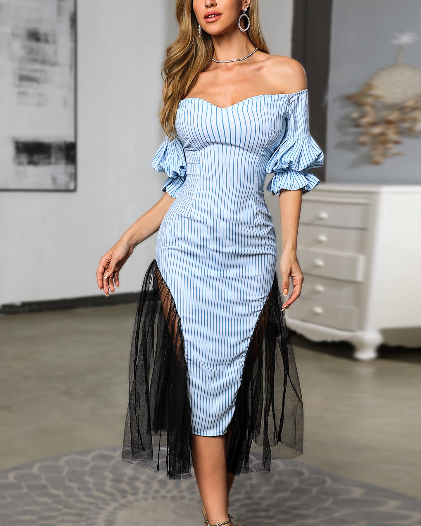 

Off Shoulder Striped Lantern Sleeve Bodycon Dress, Light blue