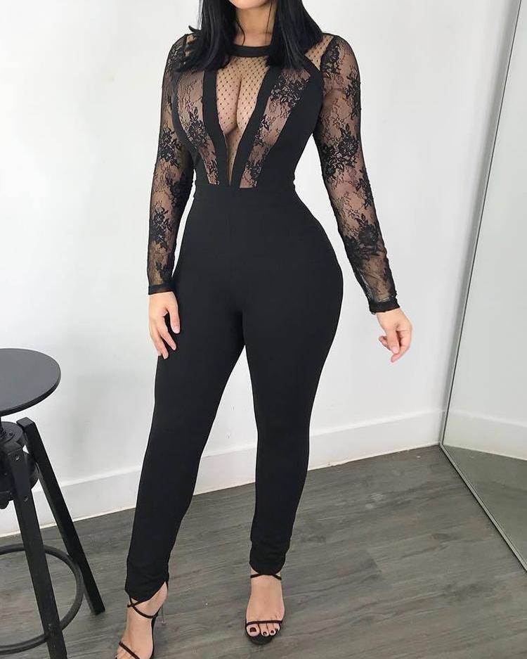 

Lace Crochet Mesh See Through Jumpsuit, Black