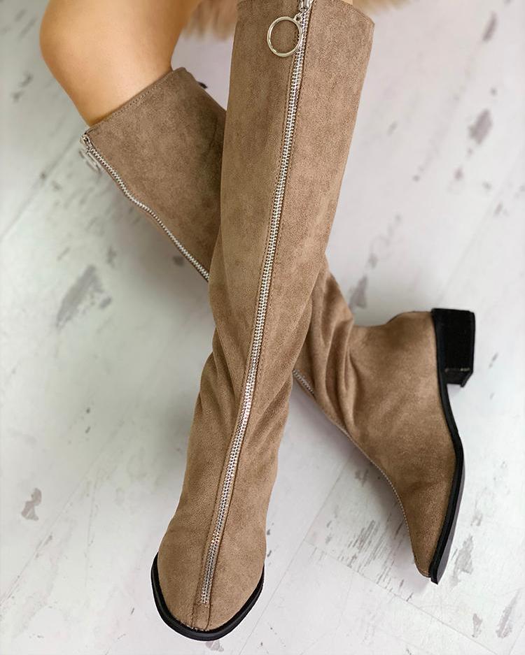 

O-Ring Zipper Design Suede Boots, Khaki