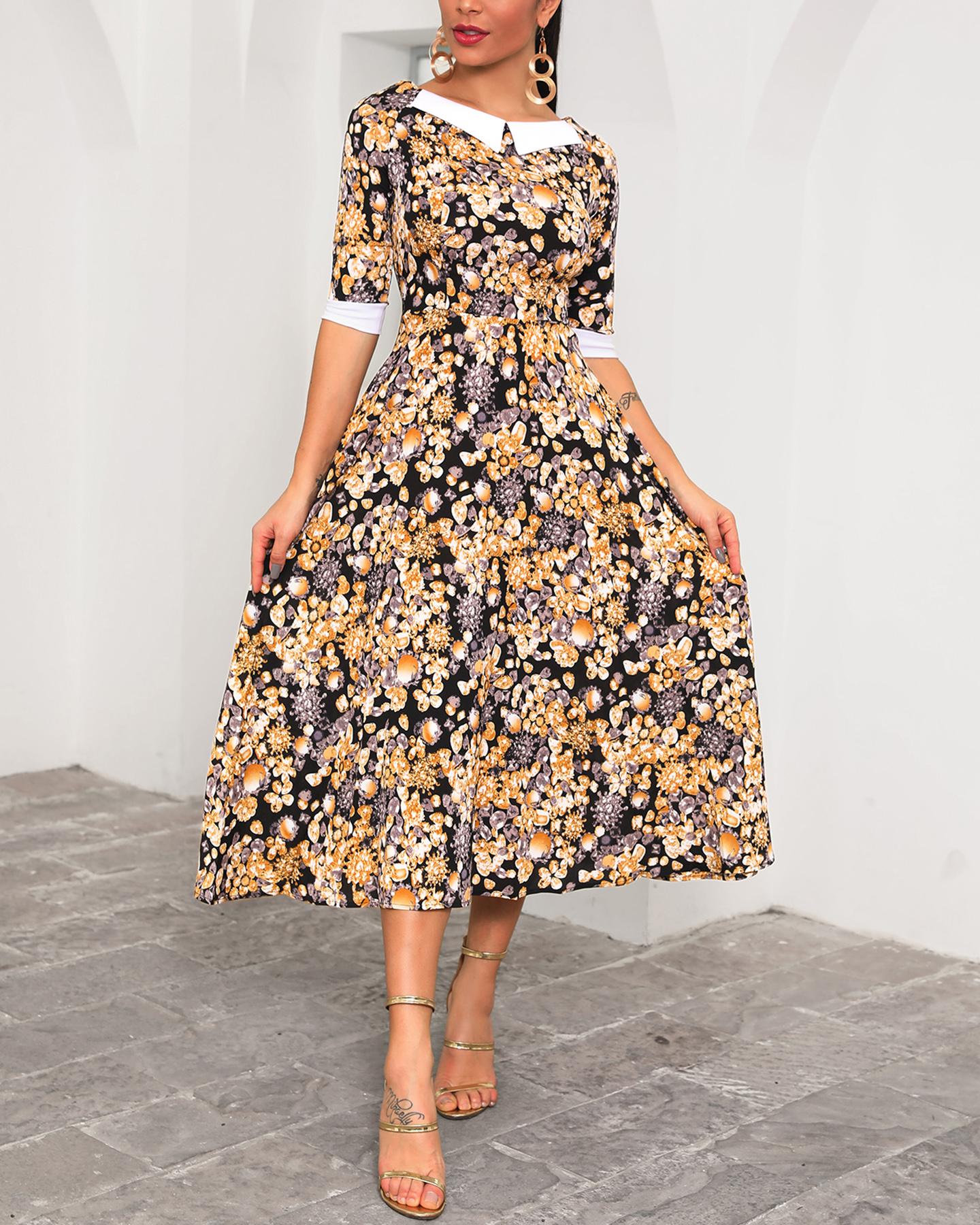 

Floral Print Contrast Neck & Cuff Pleated Dress, Multicolor
