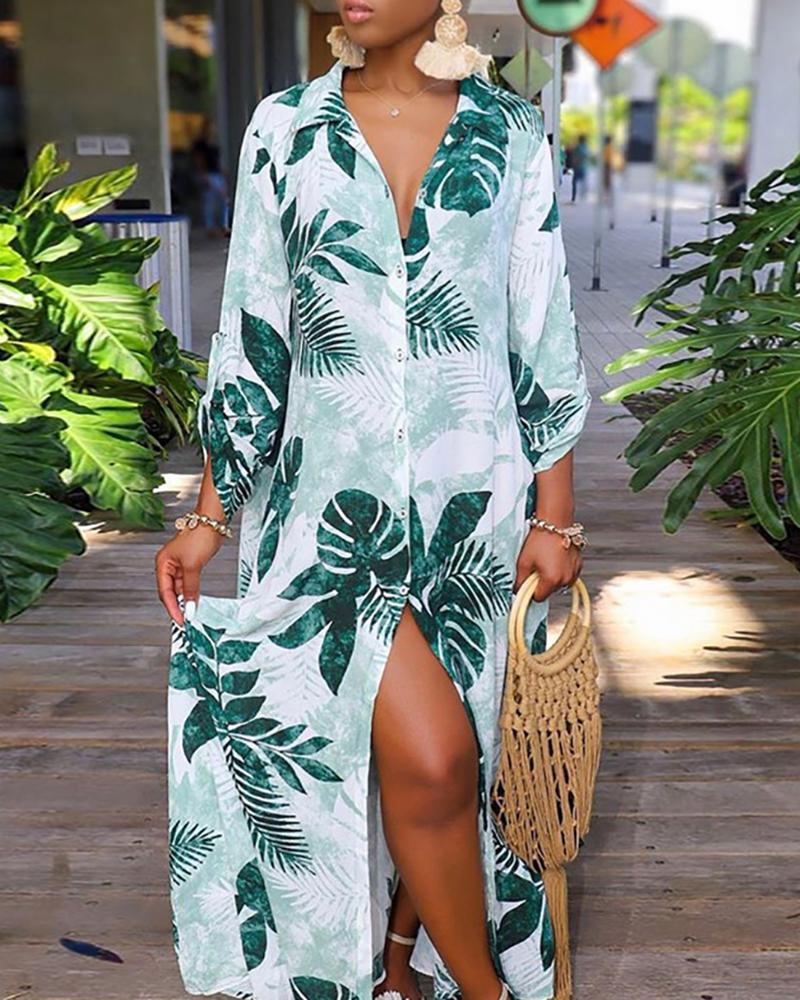 

Palm Leaf Print Slit Casual Shirt Dress, Green