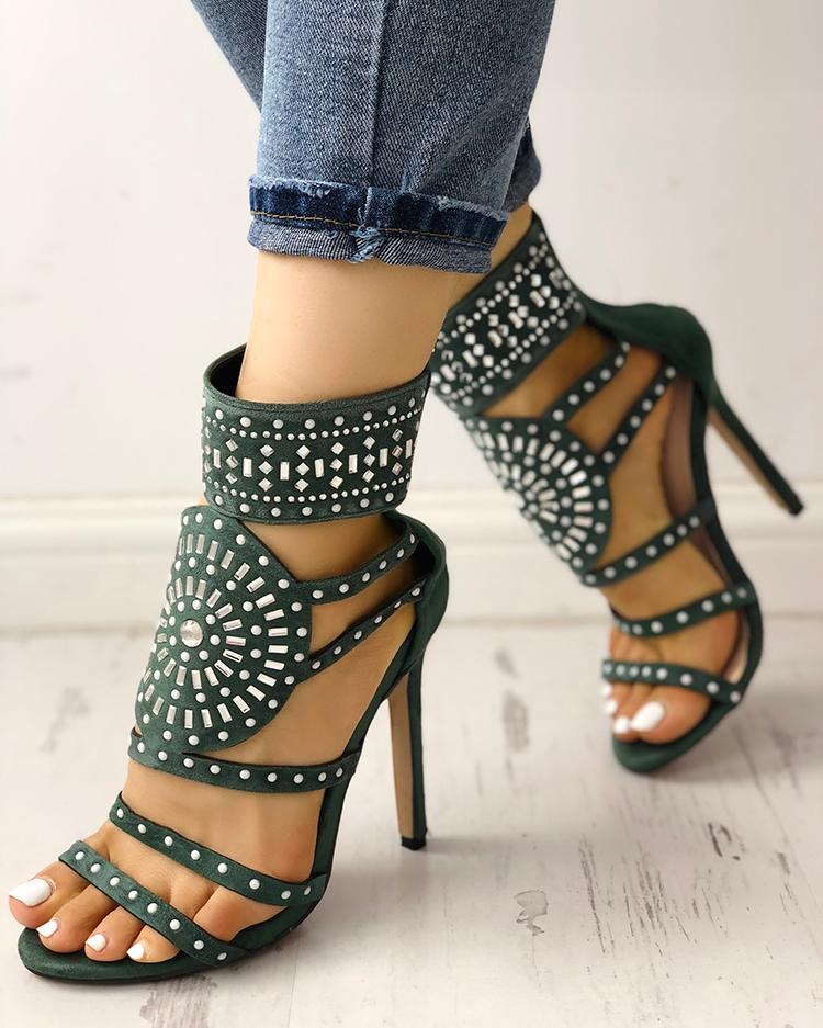 

Metallic Rivet Embellished Stiletto Sandals, Green