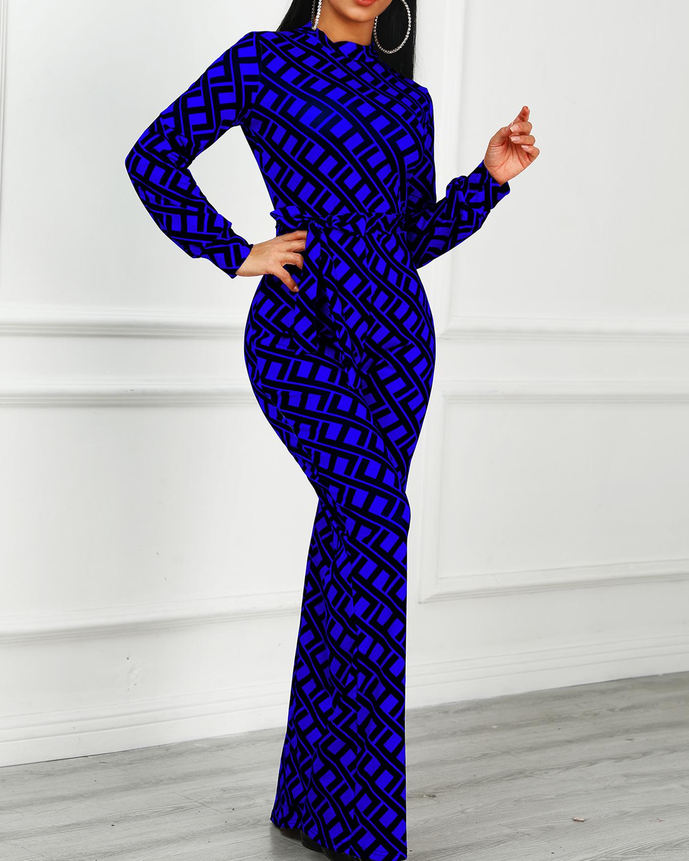 

Geo Print Long Sleeve Belted Jumpsuits
