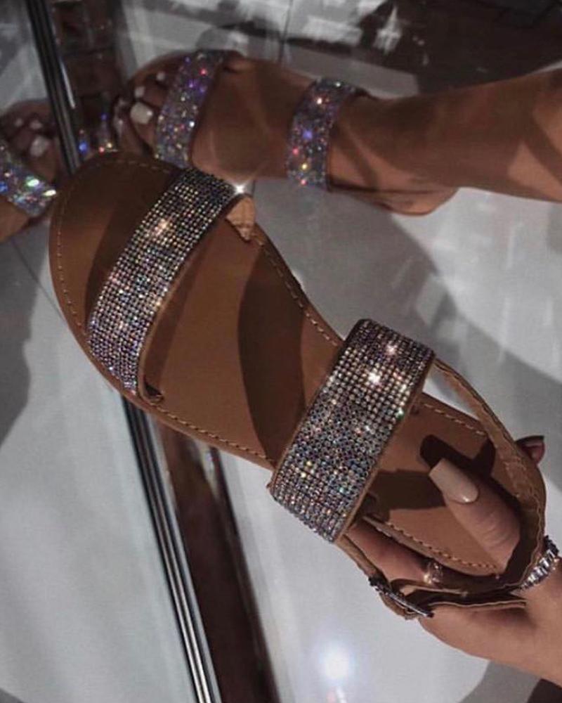 

Casual Open Toe Sequins Flat Sandals, Apricot