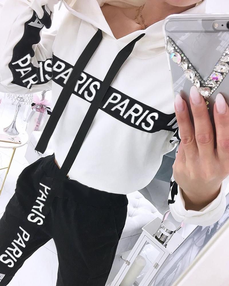 

Letter Print Hooded Casual Top & Pockets Design Pants Set, White