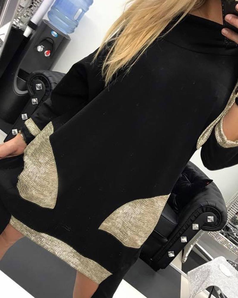 

Long Sleeve Patchwork Casual Dress, Black
