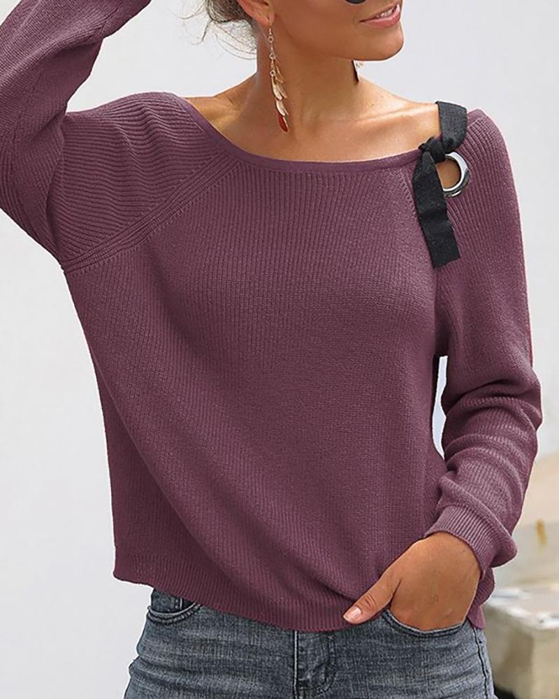 

Solid Eyelet Round Neck Long Sleeve Ribbed Sweater, Purple