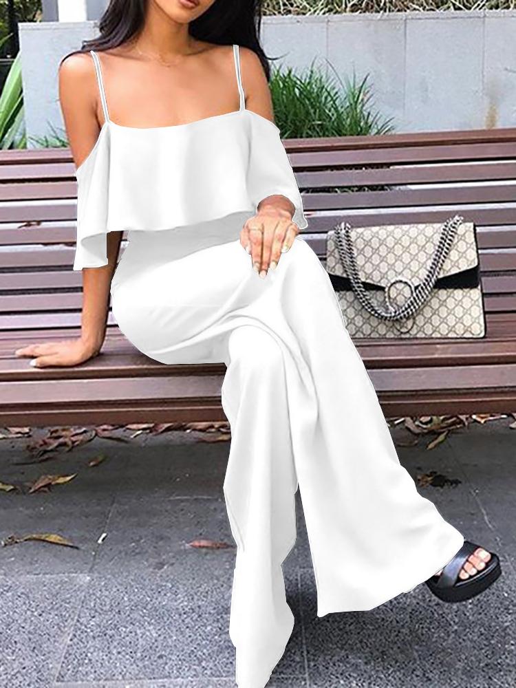 

Solid Color Wide Leg Flounce Slip Jumpsuit