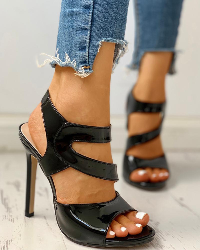 

Solid Hollow Out Thin Heeled Sandals, Black