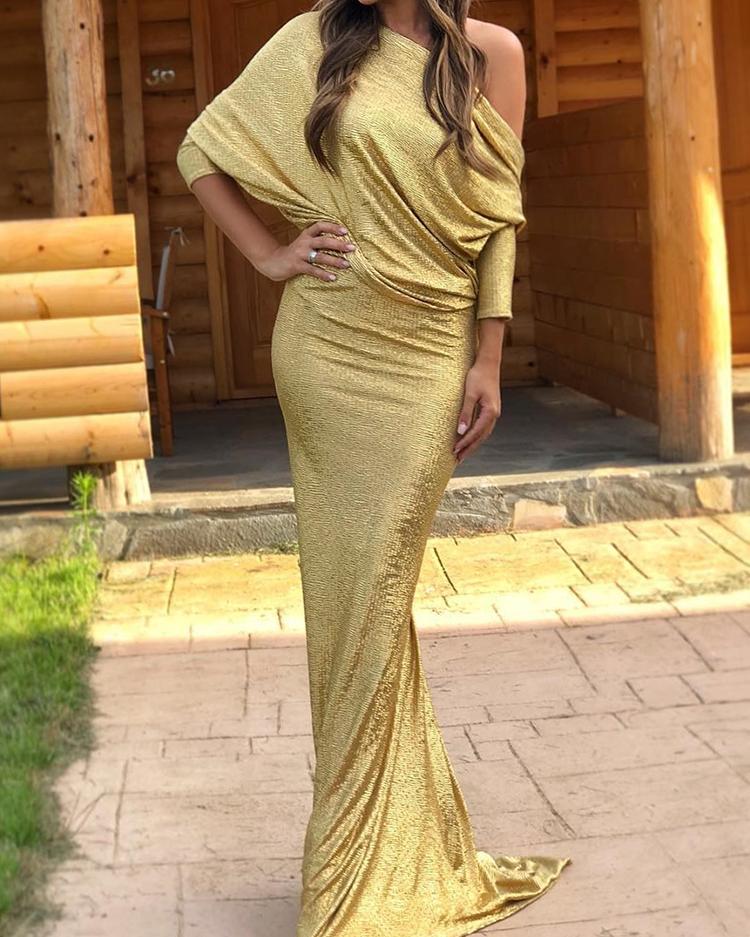 

Skew Neck Open Back Batwing Sleeve Evening Dress, Gold