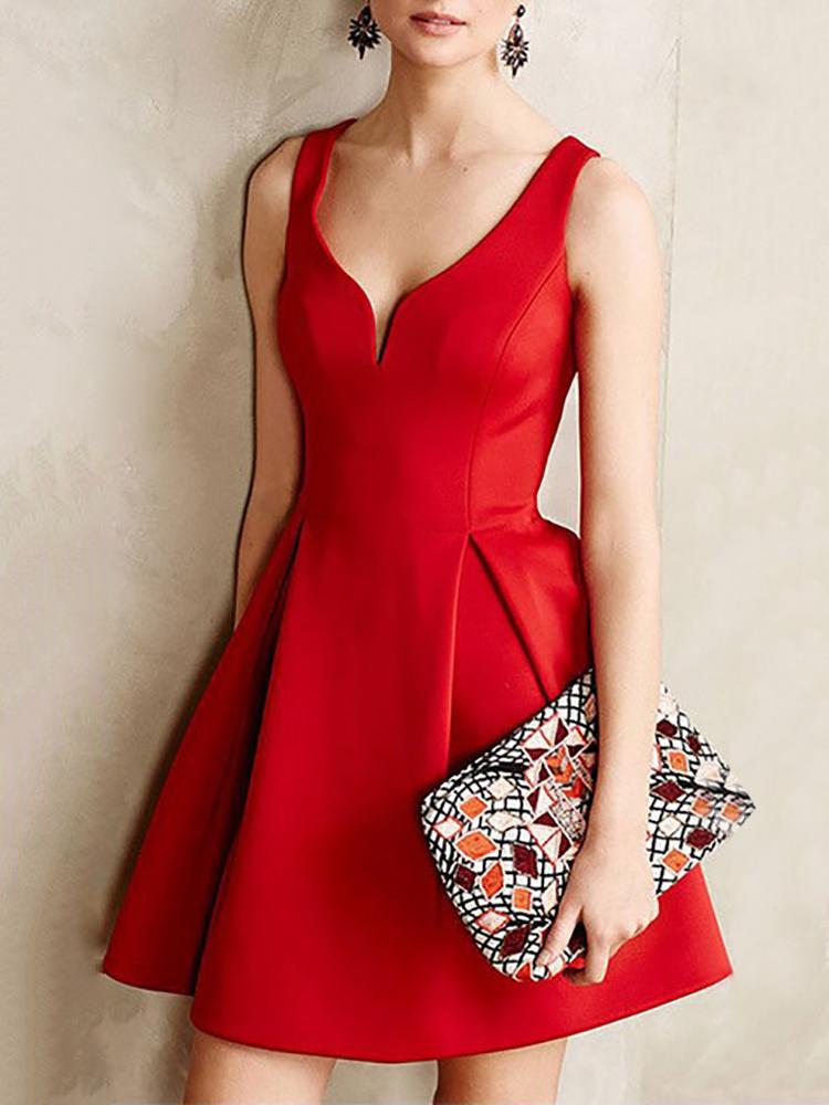 

Elegant V Neck Folded Tunic Dress, Red;blue;black
