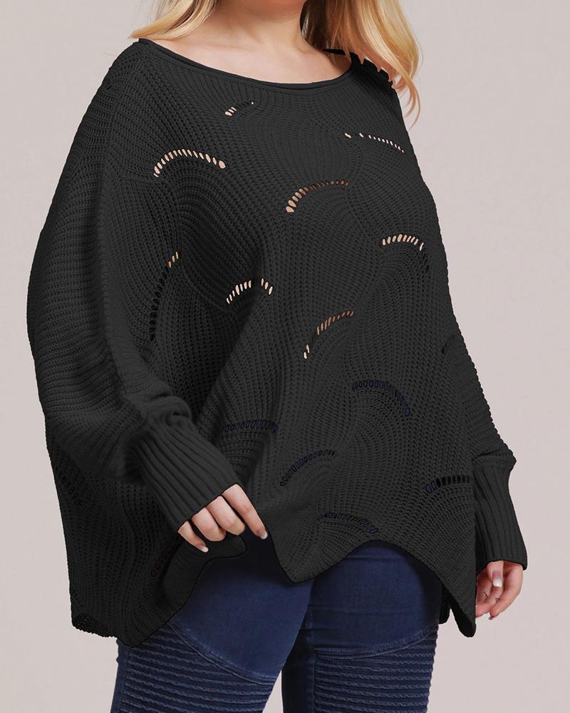 

Plus Size Plain Batwing Sleeve Hollow-out Sweater, Black