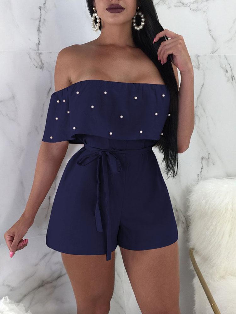 

Beaded Embellished Ruffles Belted Bardot Playsuit, Blue