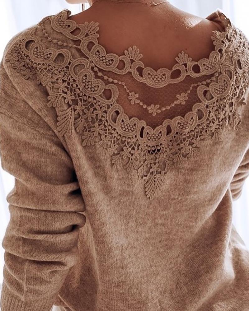 

Round Neck Long Sleeve Lace Insert Knitting Sweater, Khaki