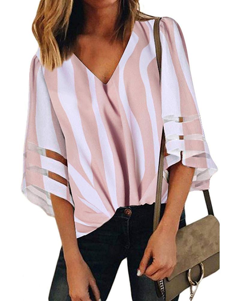 

Striped V-Neck Bell Sleeve Casual Blouse, Pink