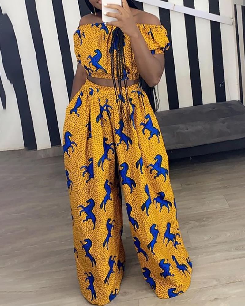 

Print Off Shoulder Crop Top & Wide Leg Pant Sets, Yellow