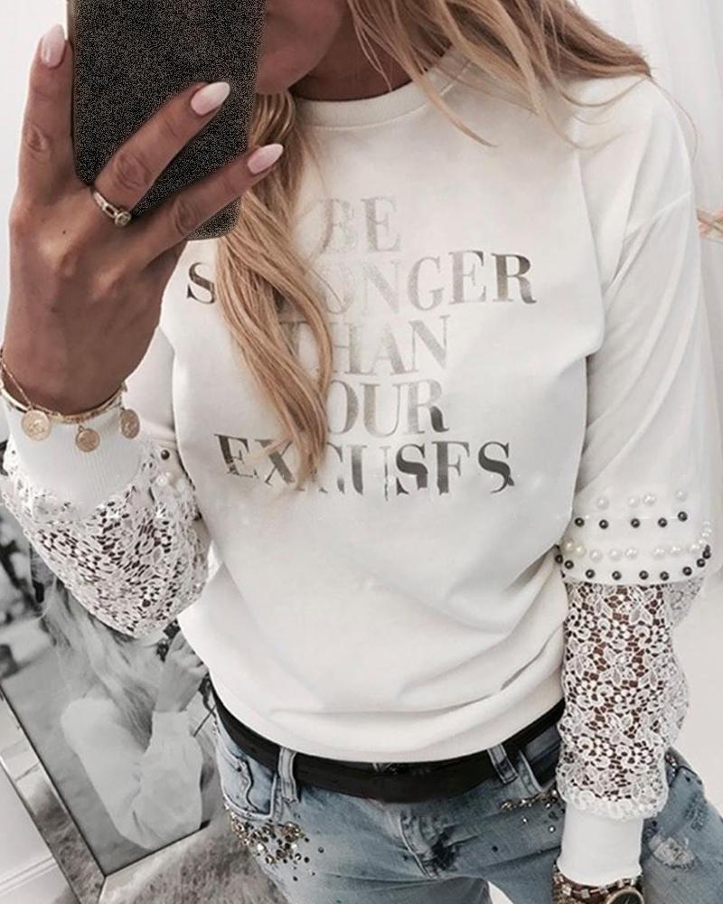

Lace Patchwork Letter Print Sweatshirt, White