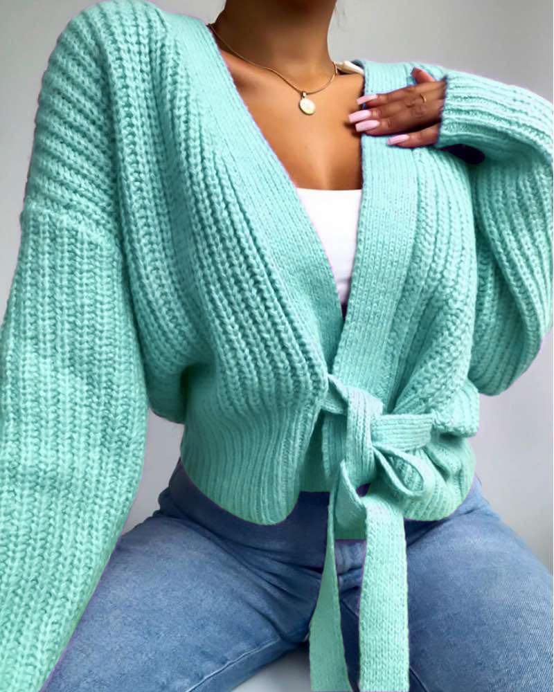 

Plain Tie Detail Long Sleeve Knit Sweater, Green