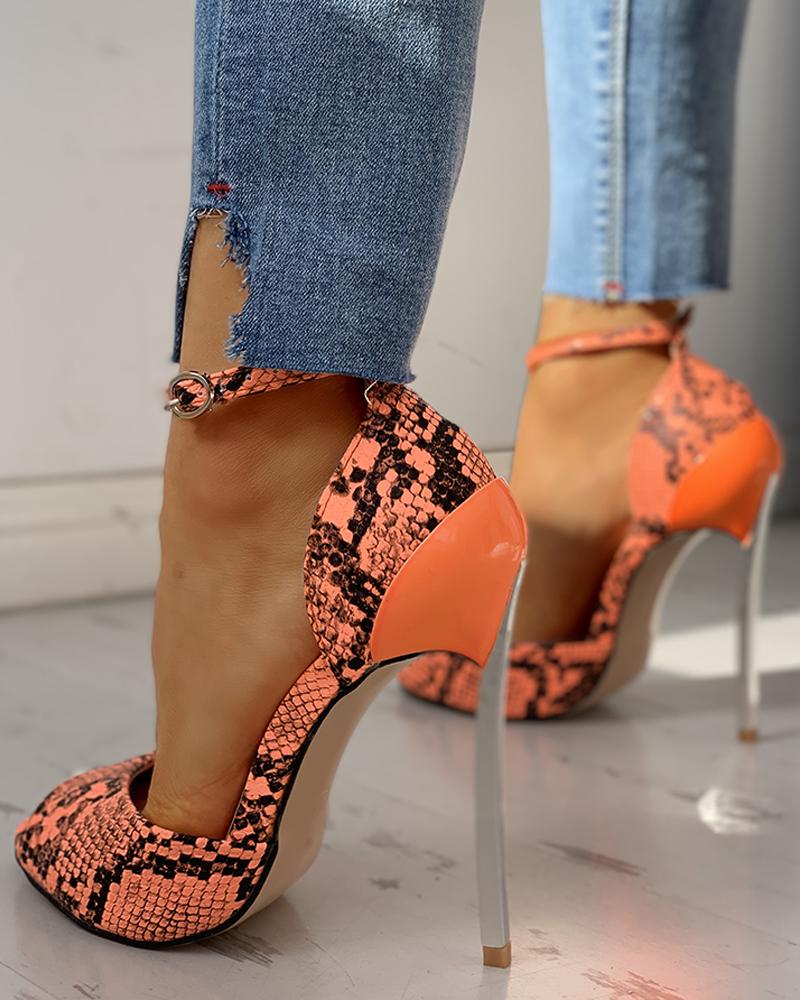 

PU Snakeskin Print Peep Toe Thin Heels, Orange