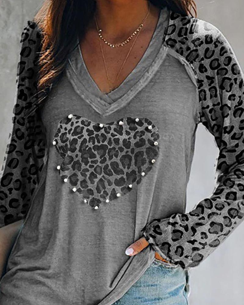 

Leopard Print Heart Pattern Long Sleeve T-shirt, Gray