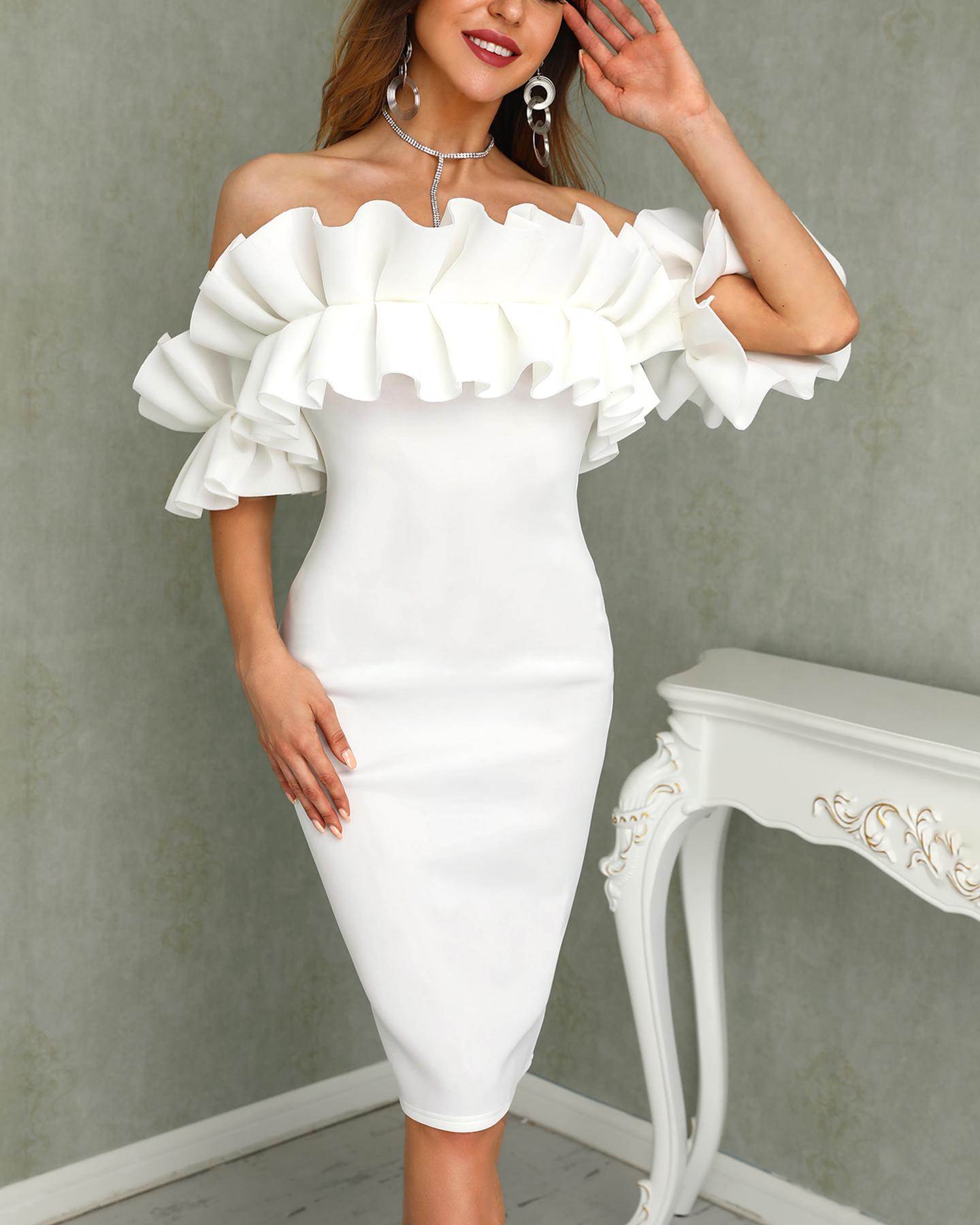 

Off Shoulder Ruched Design Bodycon Dress, White