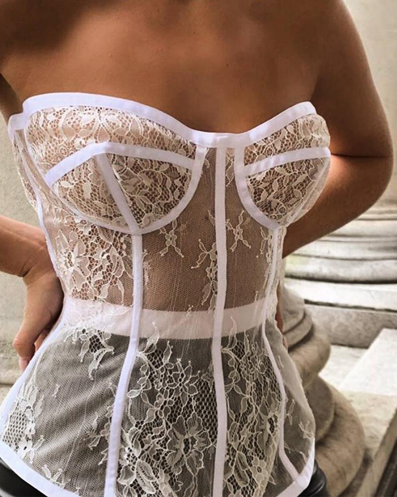 

Crochet Lace Sheer Mesh Bandeau Bodice Top, White