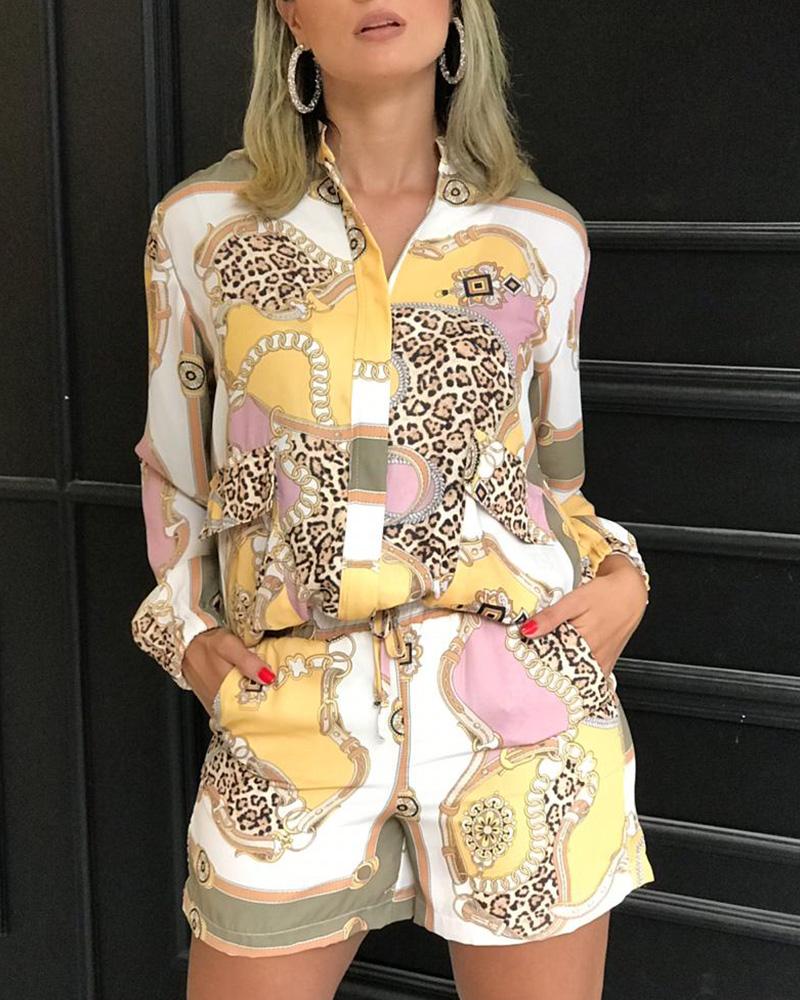

Mixed Print Long Sleeve Top & Short Sets, Multicolor