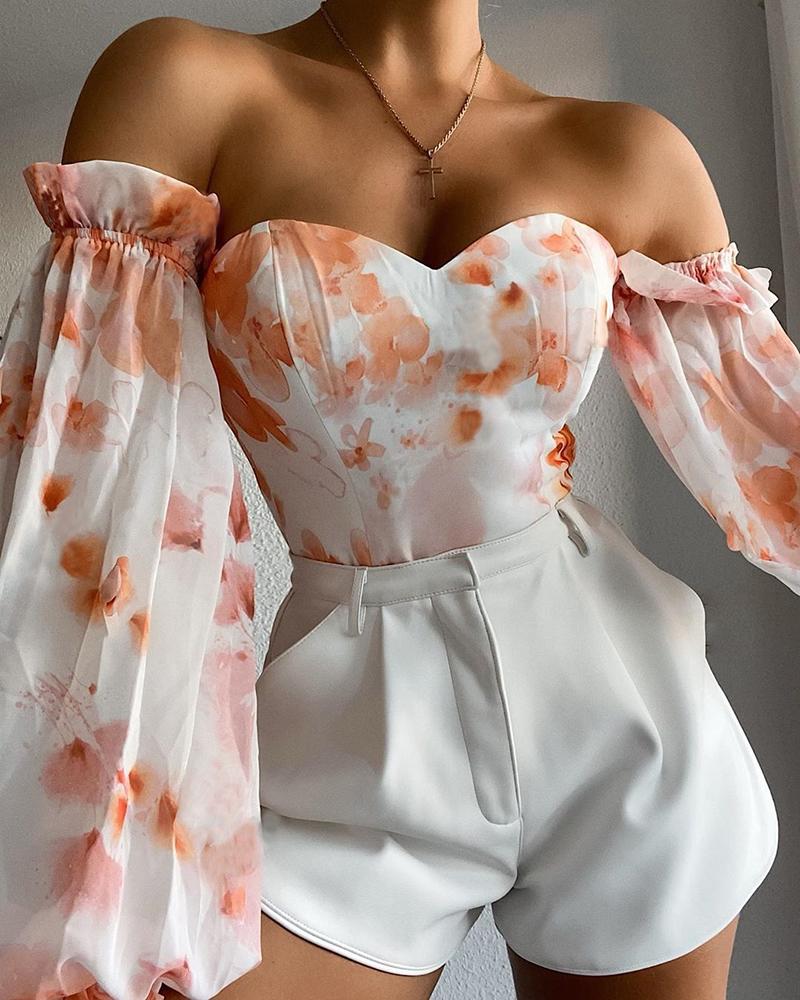 

Off Shoulder Frill Bustier Detail Lantern Sleeve Blouse, Orange